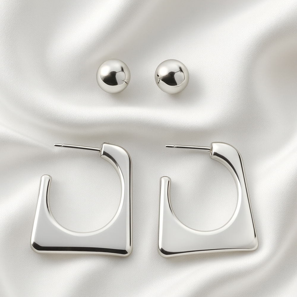 Silver Geometric Hoop & Stud Earrings Set – Modern Minimalist Fashion Jewelry